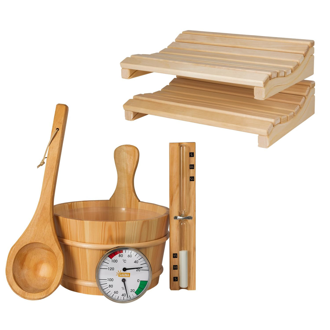SUNNYDEALS klassisches Saunazubehörset | Saunaset 5-teilig aus naturbelassenem Holz | Saunaeimer & K