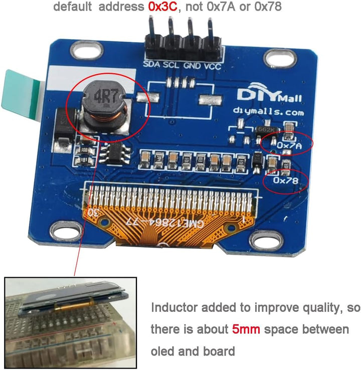 DIYmalls 1,3" Zoll OLED Bildschirm Modul I2C 4pin 128x64 SH - 1106 3.3V-5V IIC Adresse 0x3C weiss fü