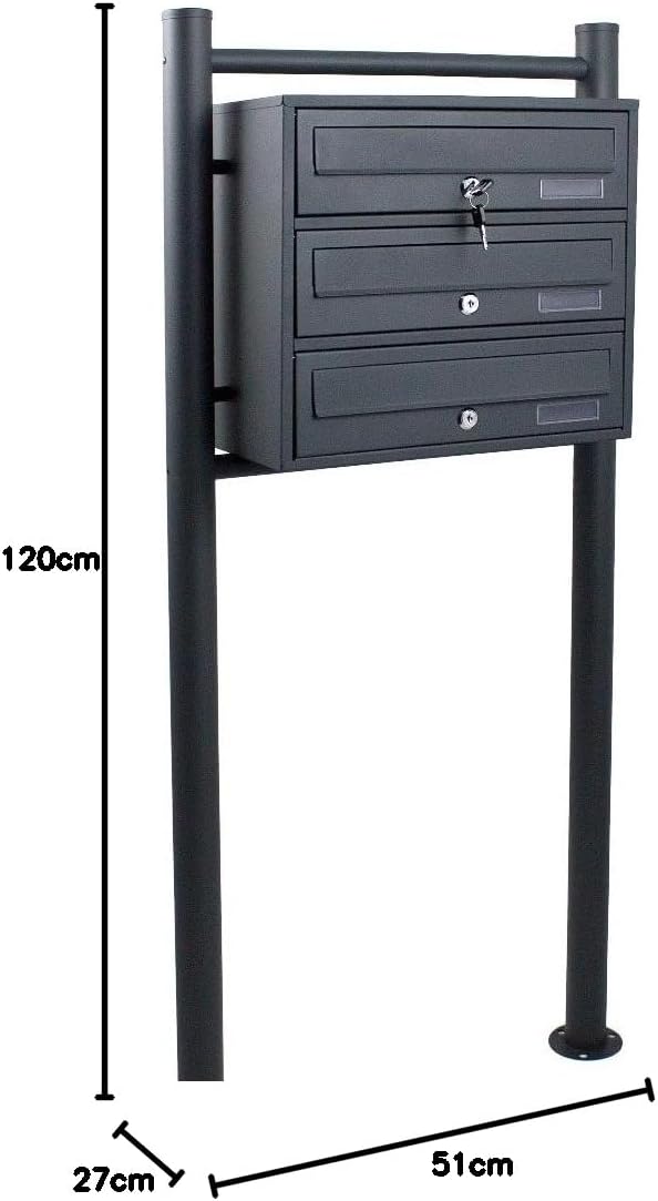 BITUXX® Stand-Briefkastenanlage Postkasten Letterbox Mailbox Doppelt u. Einzel Dunkelgrau (3 Fächer)