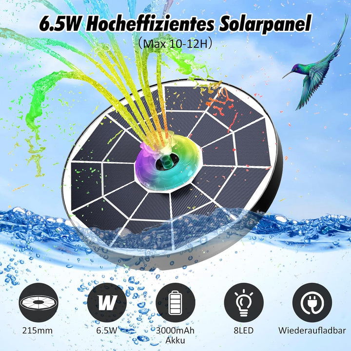 AISITIN 6.5W LED Solar Springbrunnen für Aussen mit Fernbedienung, Solar Schwimmender Fontäne Pumpe