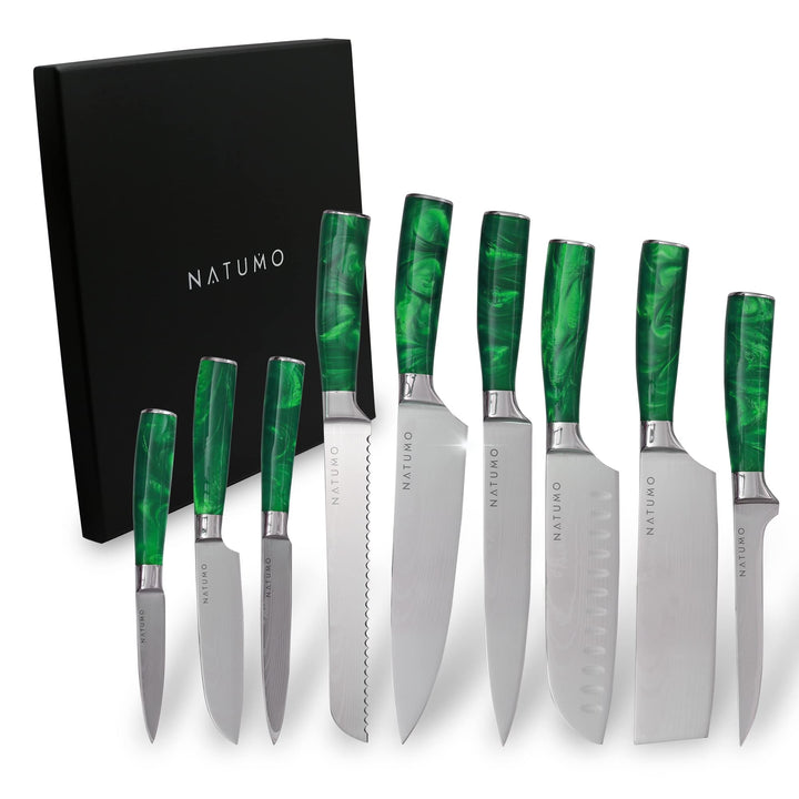 NATUMO Küchenmesser Set 9-teilig. HRC 56+ scharfes Messerset Profi in Damast-Optik aus Allzweckmesse