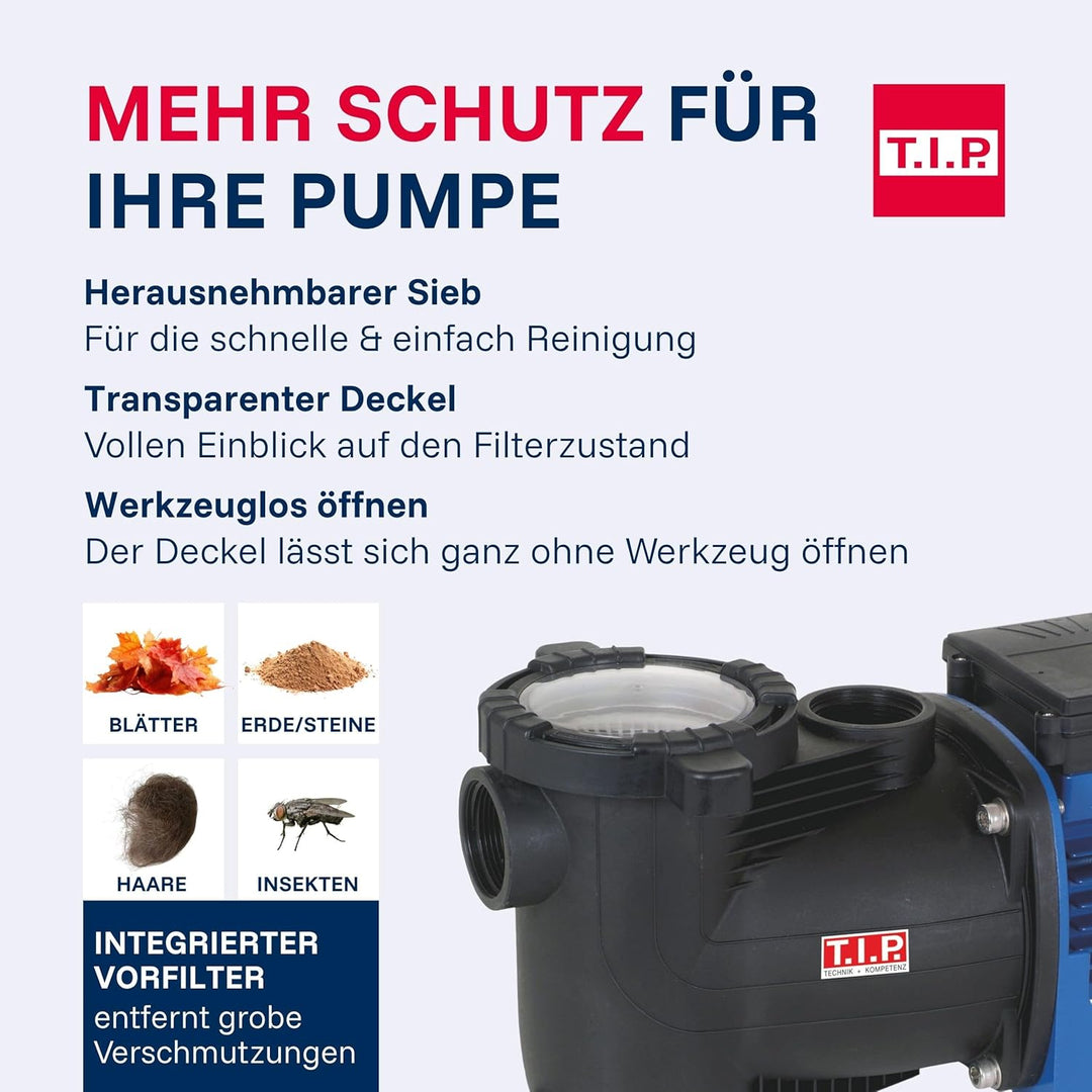 T.I.P. 30443 Poolpumpe Filterpumpe Umwälzpumpe SPP 400 FT mit Timer und Vorfilter (bis 10.000 l/h Fö