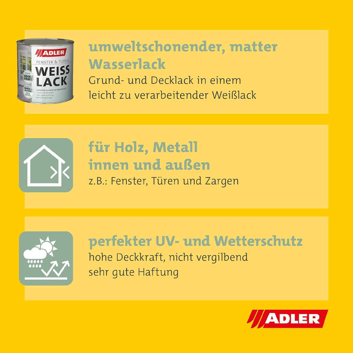 ADLER Fenster- und Türenlack - Weisslack matt 2,5 Liter - Acryl Weisslack für Innen und Aussen - Wet