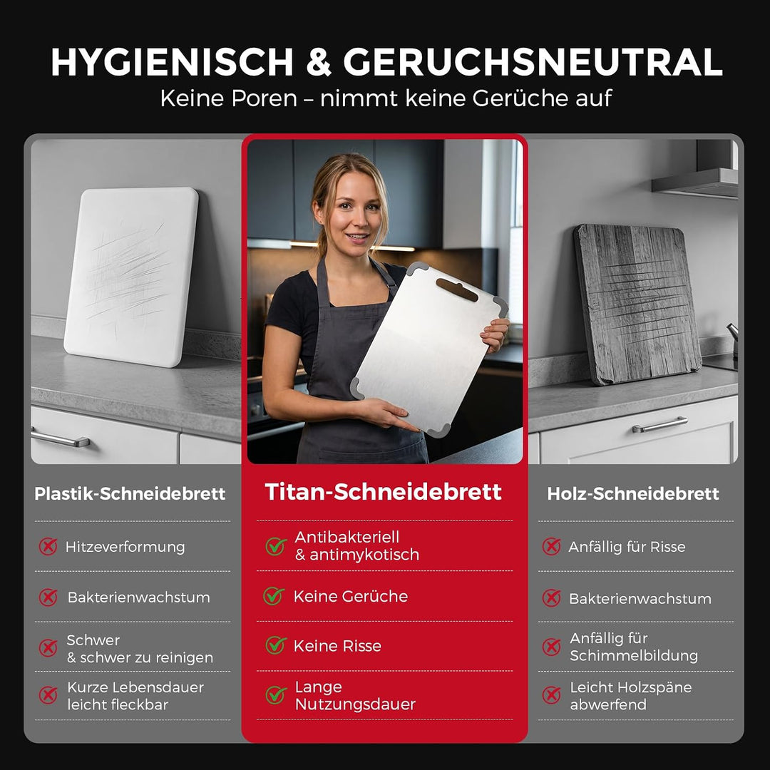 Titan Schneidebrett Klein 29×20 cm - 1,5 mm Extra Dick Edelstahl Schneidebrett mit Silikonrand, Komp