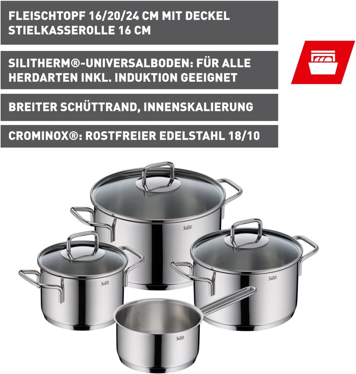Silit Extra Cook Kochgeschirr-Set 4-teilig, Kochtöpfe 16/20/24 cm mit Glasdeckel, Stielkasserolle 16