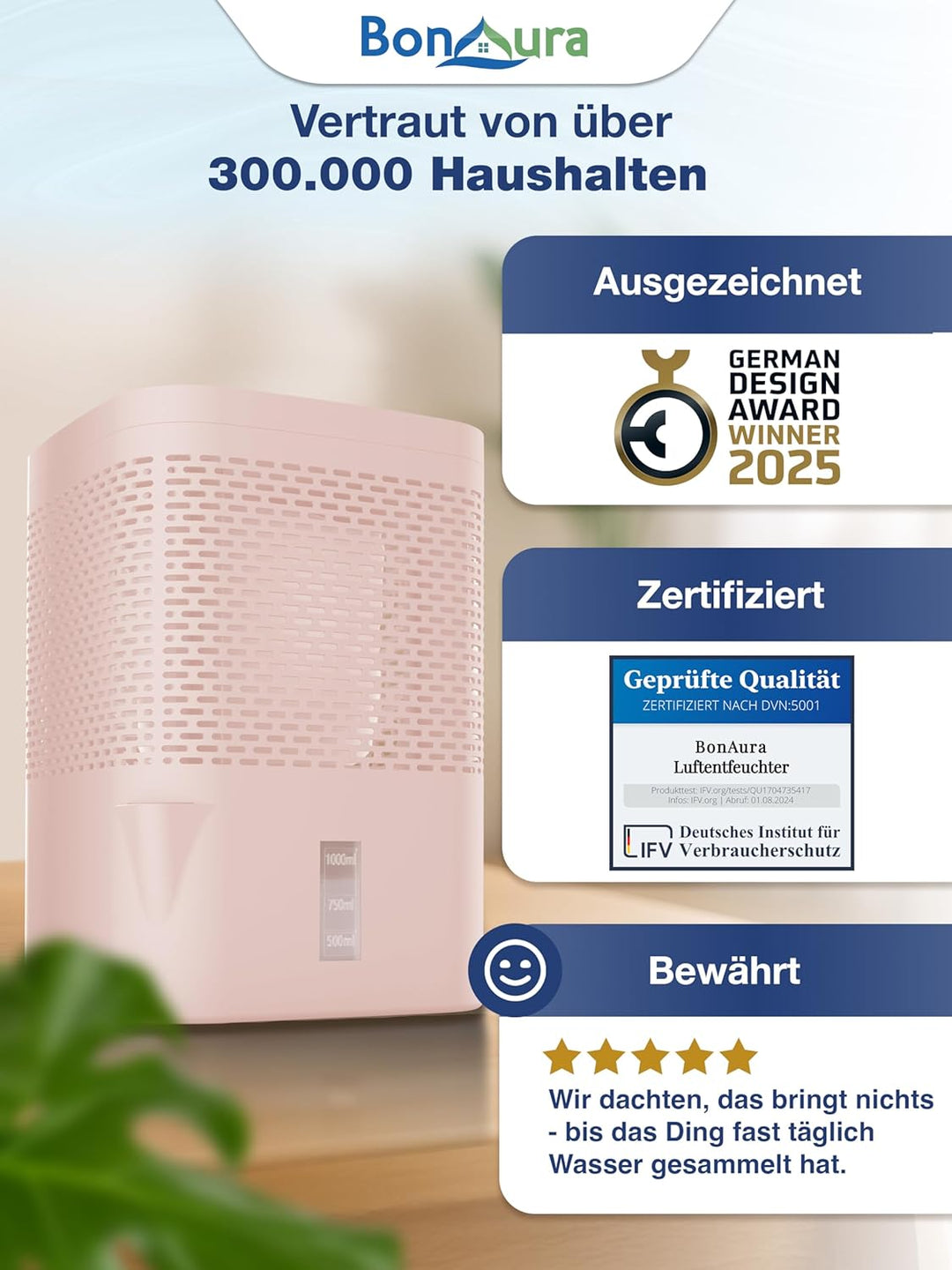 BonAura® AirOne Luftentfeuchter ohne Strom bis 23m² I 360° Belüftung I Raumentfeuchter mit Ausgiesse