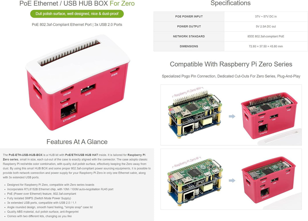 Waveshare PoE Ethernet/USB HUB Box for Raspberry Pi Zero Series 3X USB 2.0 Ports 802.3af-Compliant C
