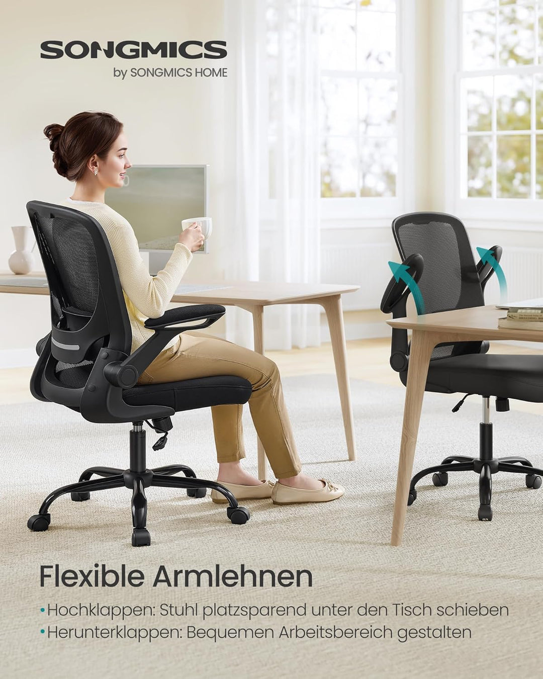 SONGMICS Bürostuhl ergonomisch, Schreibtischstuhl klappbare armlehne, 360° Drehstuhl, verstellbare L