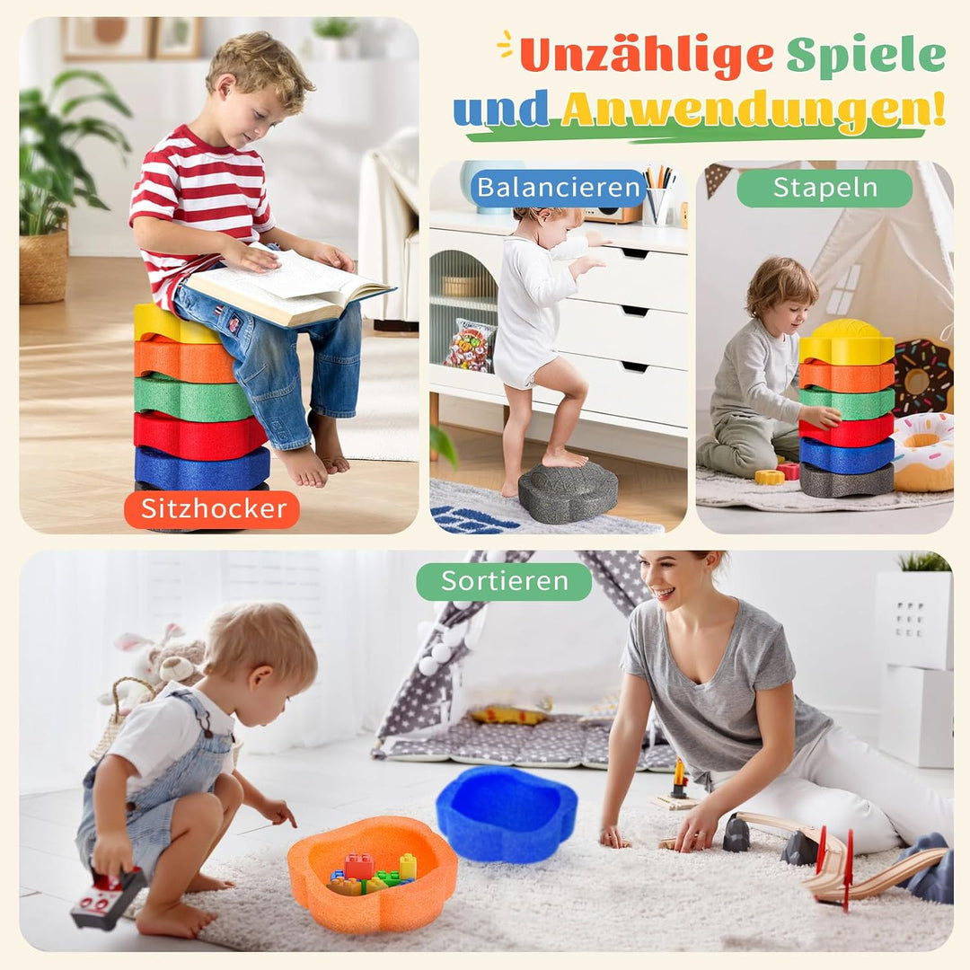 Balanciersteine für Kinder, 6er Balance Trittsteine Stapelbar,Farbenfrohes Stapelsteine Stepping Sto
