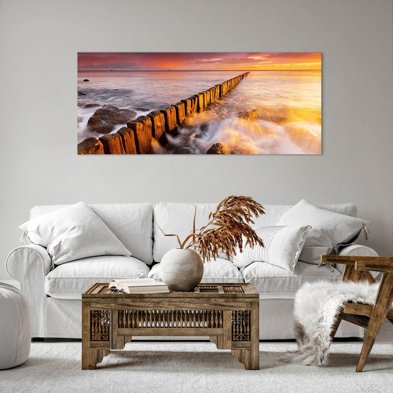 Wandbilder Dekoration Wohnzimmer Boot Landschaft Meer Ostsee Panorama Bilder auf Leinwand 120x50cm L