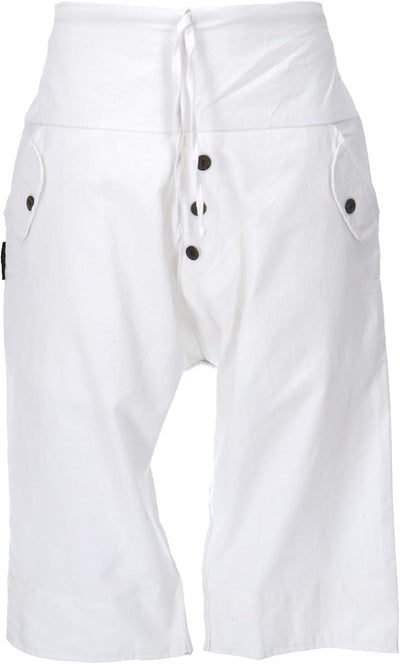 GURU SHOP 3/4 Yogahose, Unisex Goa Hose, Bequeme Yoga-Shorts, Herren, Baumwolle 46 Weiss, 46 Weiss
