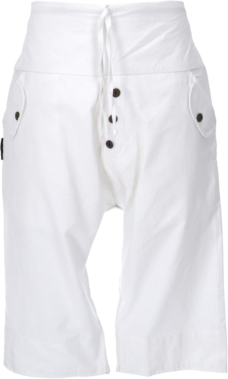 GURU SHOP 3/4 Yogahose, Unisex Goa Hose, Bequeme Yoga-Shorts, Herren, Baumwolle 46 Weiss, 46 Weiss