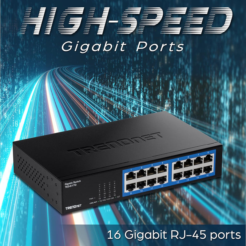 TRENDnet TEG-S17D 16-Port Gigabit Desktop Switch, , 16 x Gigabit RJ-45 Ports, 32Gbps Schaltleistung,