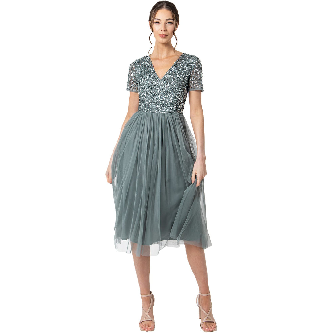 Maya Deluxe Damen Midi-Kleid mit V-Ausschnitt, Verziert Brautjungfernkleid Grün (Misty Green) 40, Gr