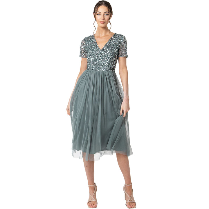 Maya Deluxe Damen Midi-Kleid mit V-Ausschnitt, Verziert Brautjungfernkleid Grün (Misty Green) 40, Gr