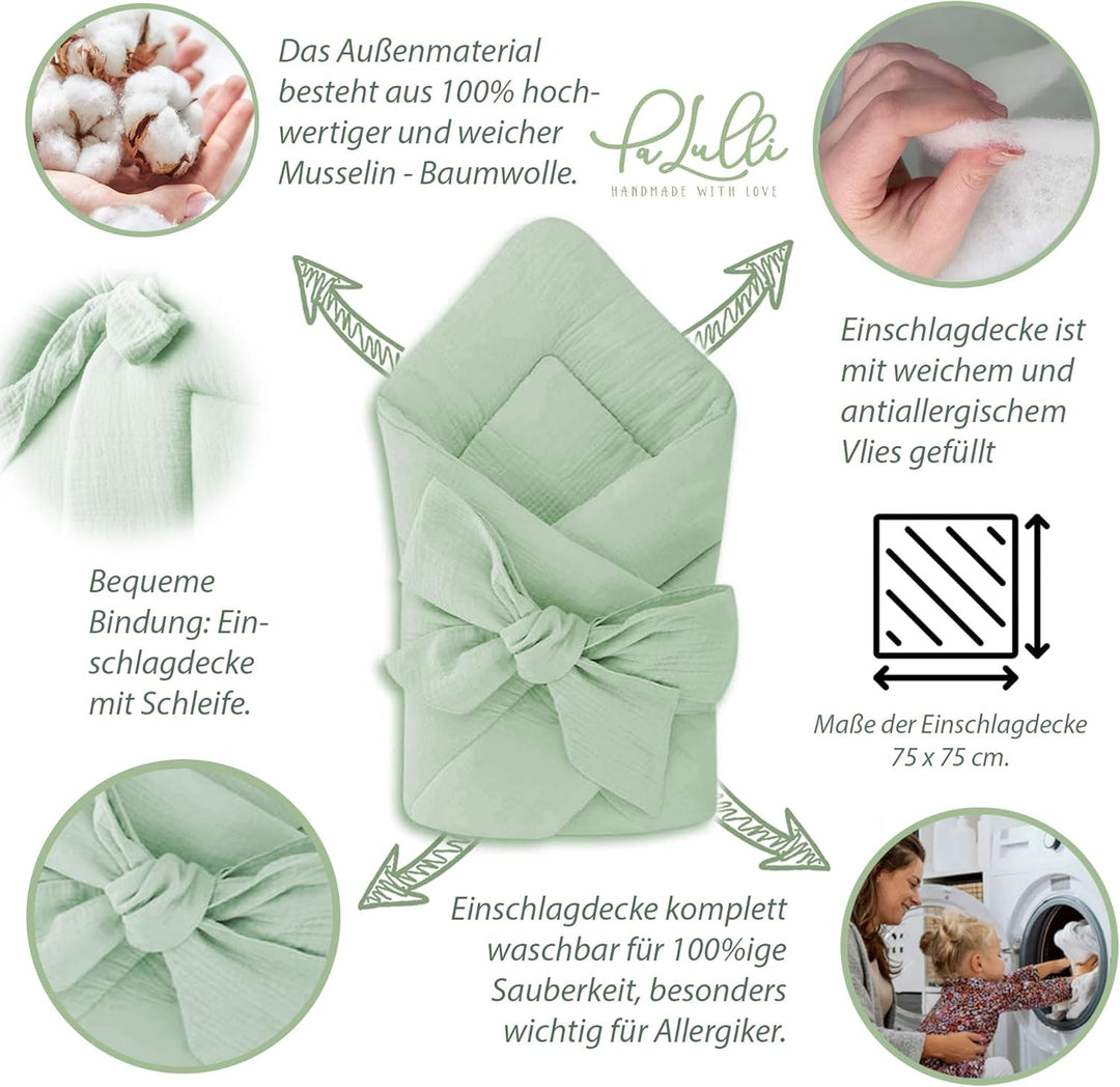 PALULLI® Set 2in1 Babynest und Einschlagdecke, 100% Musselinn, Baby Nestchen Set, Babynestchen - Bab