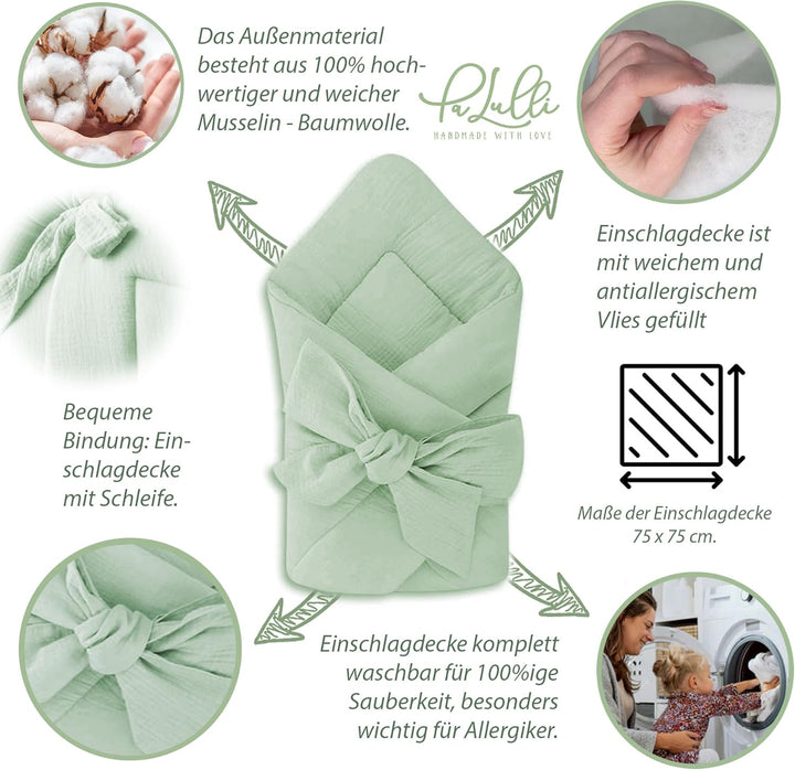 PALULLI® Set 2in1 Babynest und Einschlagdecke, 100% Musselinn, Baby Nestchen Set, Babynestchen - Bab