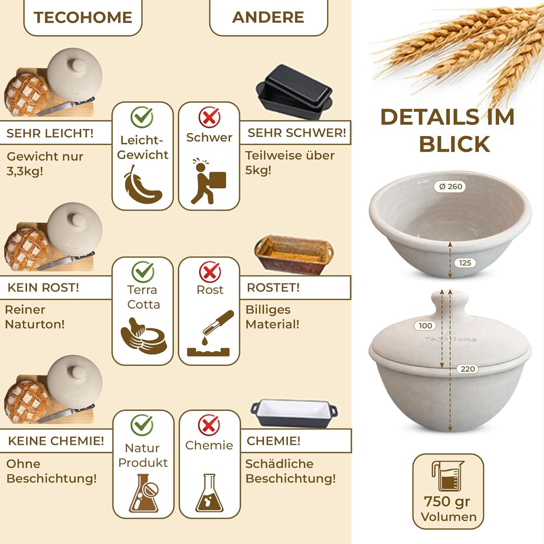 Brotbackform mit Deckel aus Naturton | Brotbacktopf & Brottopf zum Brot backen | Tontopf mit Deckel