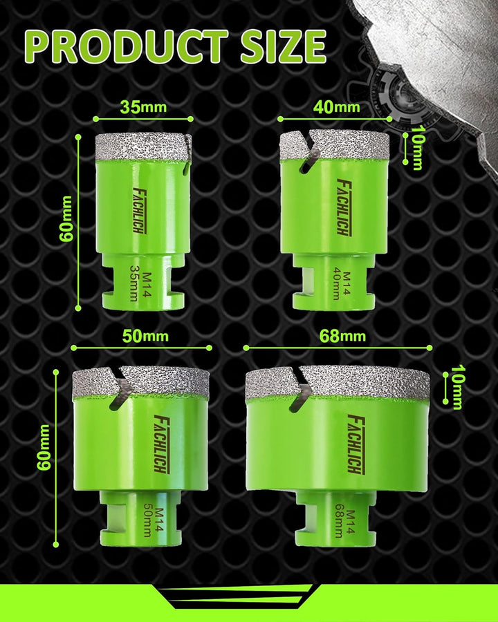 FACHLICH Diamant Fliesenbohrer Set 35/40/50/68mm M14 Diamantbohrer Lochsäge für Porzellan Fliese Gra