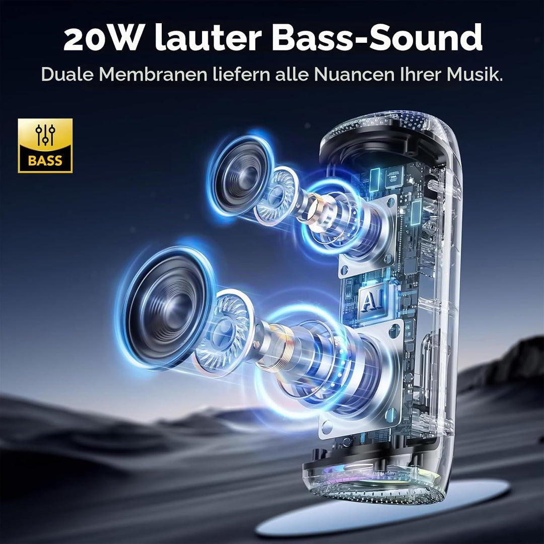 aowoka Bluetooth Lautsprecher mit Licht, 20W tragbare Musikbox, verbesserter Bass, LED-Anzeige, 20 S