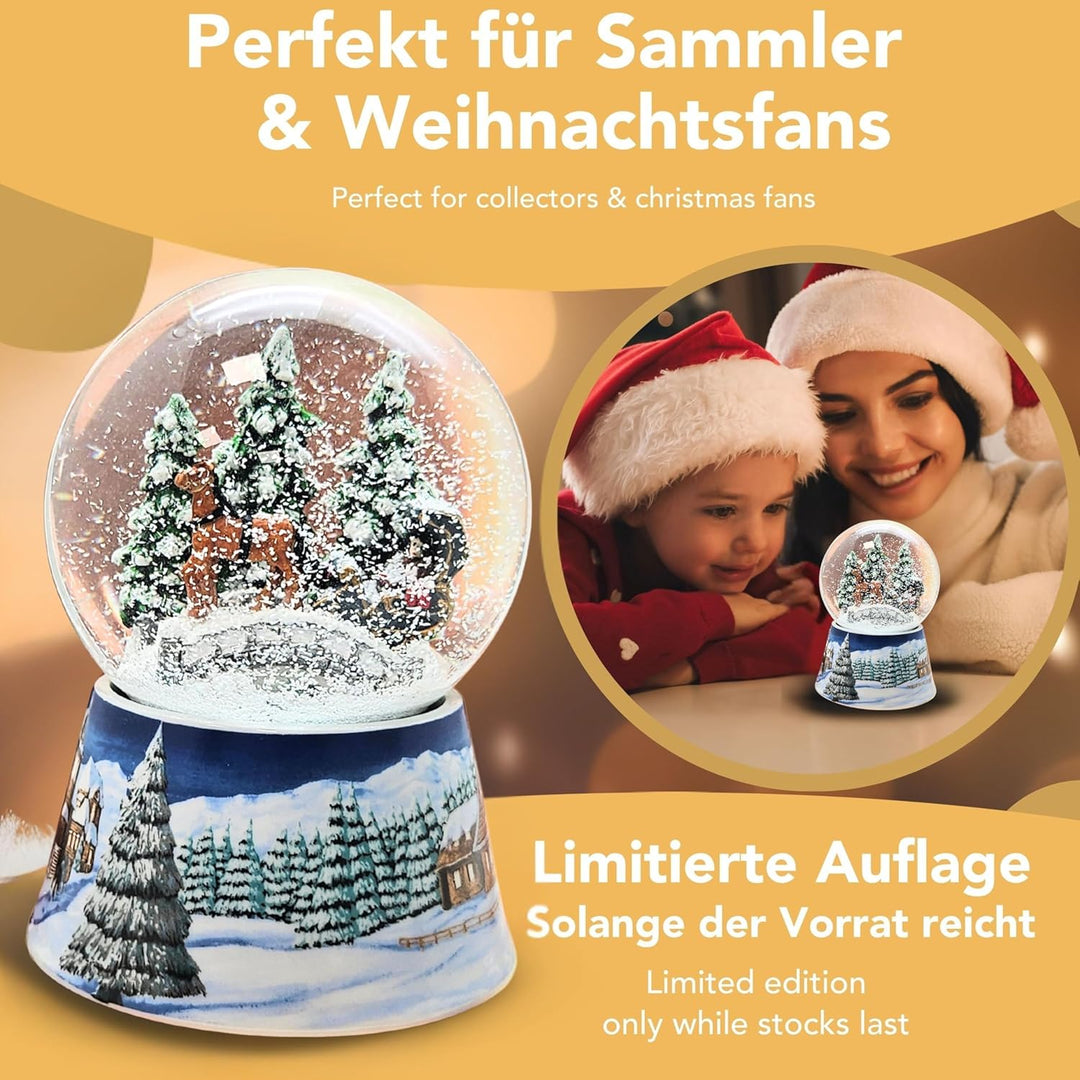 Weihnachts-Schneekugel mit Musik | Nostalgische Kutschfahrt über Brücke | Sockel Winterlandschaft Mi