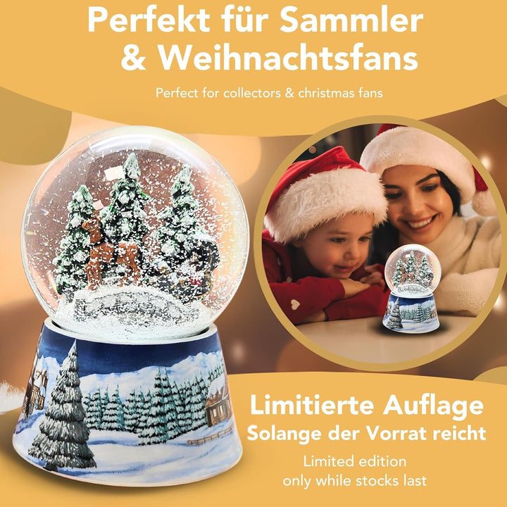 Weihnachts-Schneekugel mit Musik | Nostalgische Kutschfahrt über Brücke | Sockel Winterlandschaft Mi