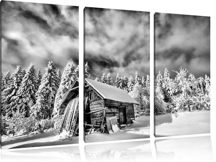 Pixxprint Monocrome, Holzhütte im Schnee 3-Teiler Leinwandbild 120x80 Bild auf Leinwand