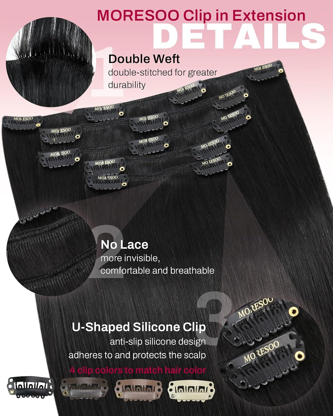 Moresoo Clip Extensions Echthaar Günstig Haarverlängerung Echthaar Clip Schwarz Doppelt Tressen Clip