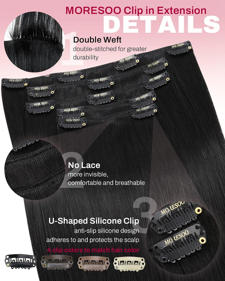 Moresoo Clip Extensions Echthaar Günstig Haarverlängerung Echthaar Clip Schwarz Doppelt Tressen Clip