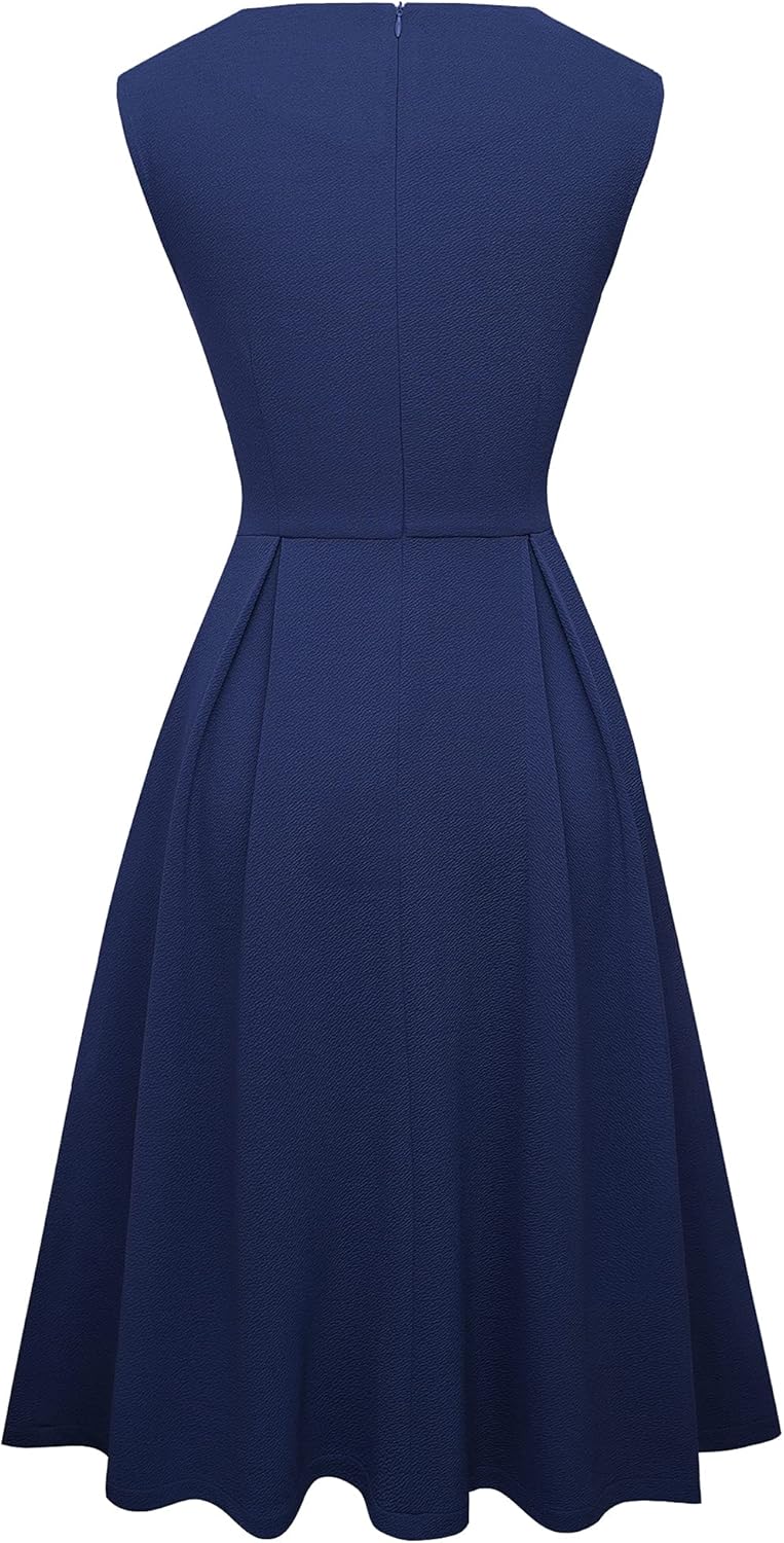 HOMEYEE Damen Vintage 50er Ärmellos Cocktail Retro mit Pocket Flared Kleid A196 L Dunkelblau, L Dunk