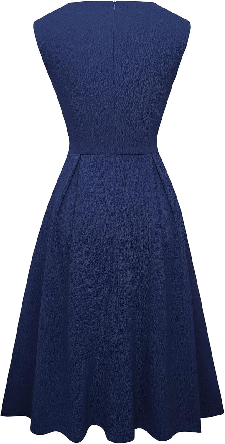 HOMEYEE Damen Vintage 50er Ärmellos Cocktail Retro mit Pocket Flared Kleid A196 L Dunkelblau, L Dunk