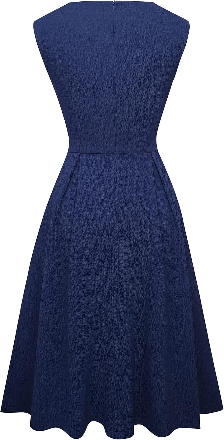 HOMEYEE Damen Vintage 50er Ärmellos Cocktail Retro mit Pocket Flared Kleid A196, XXL Dunkelblau