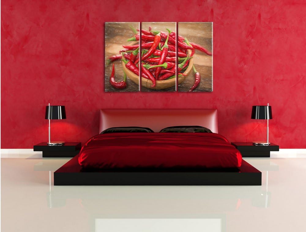 Pixxprint Scharfe Chilishoten Bunstift Effekt 3-Teiler Leinwandbild 120x80 Bild auf Leinwand