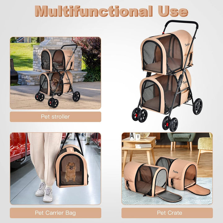GOPLUS Doppeltschichtiger faltbarer Haustierwagen, 2-stufiger 3-in-1 Haustierwagen auf Rädern, 2 Bre