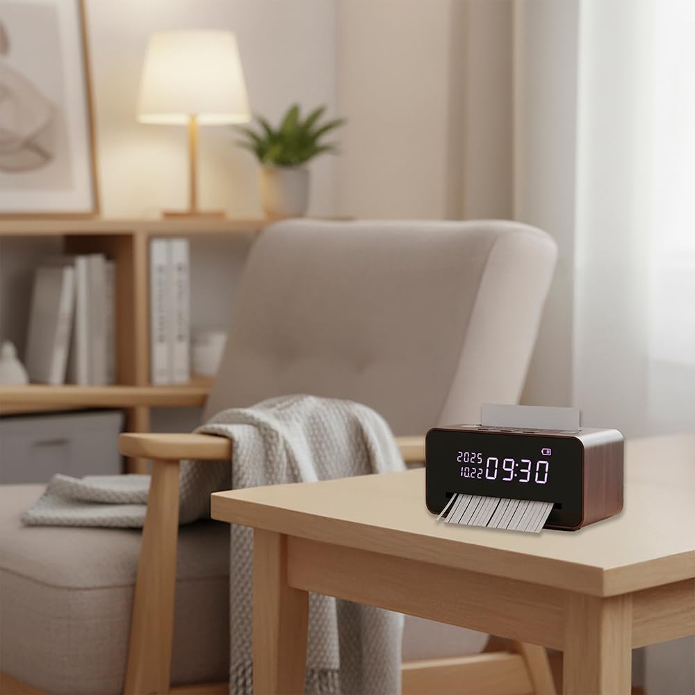 Tisch-Aktenvernichter mit Uhr – Kompakter Mini-Shredder P2, USB-Akku, Digitaluhr mit Datum, Streifen