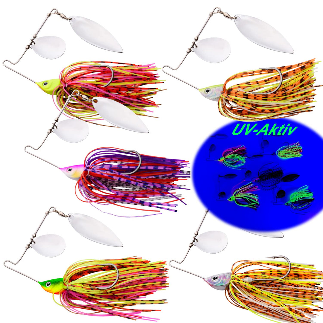 Chatterbait Set 5 Stück in Box 15g | Chattbait Hecht & Barsch Köder Set | Angel Kunstköder Hechtköde