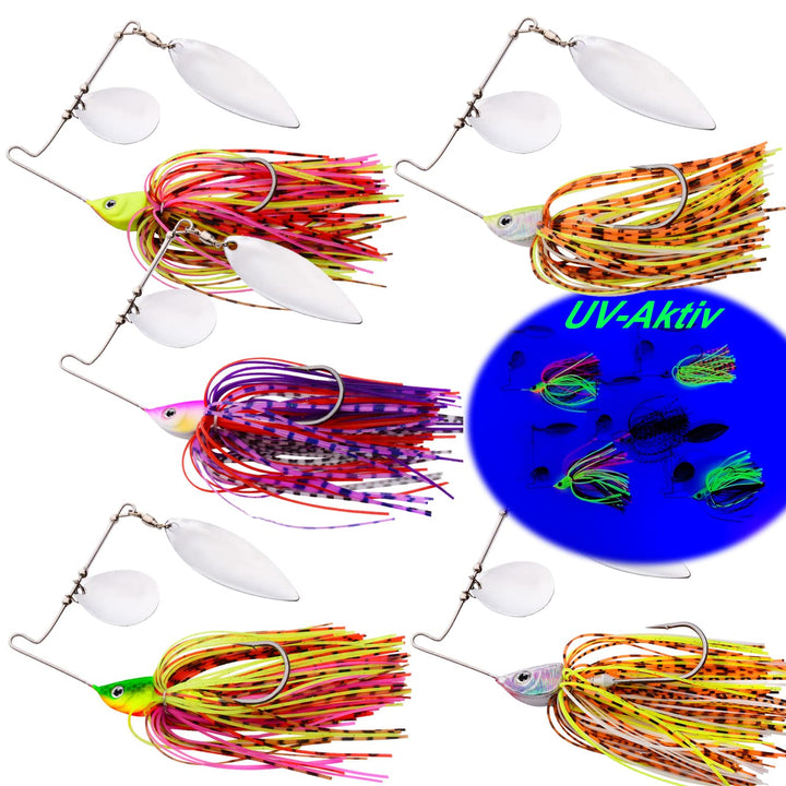 Chatterbait Set 5 Stück in Box 15g | Chattbait Hecht & Barsch Köder Set | Angel Kunstköder Hechtköde
