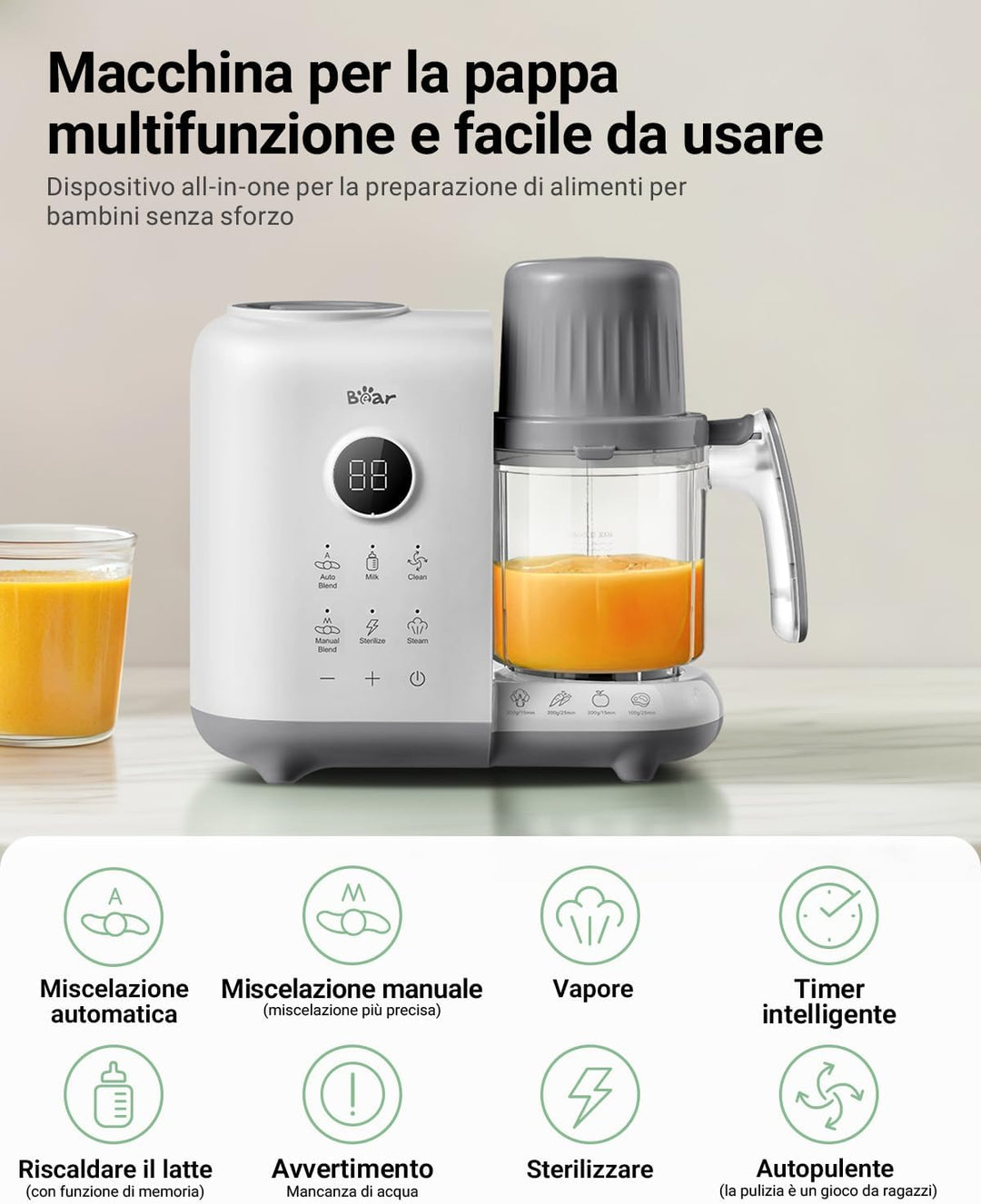 Bear 6-in-1 Dampfgarer mit Mixer Premium Babynahrungszubereiter,Dämpfen, automatisches Rühren, Milch