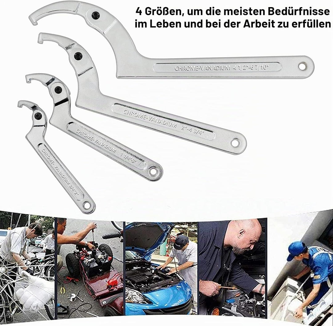 Poweka C Verstellbar Hakenschlüssel 4 Stück Schraubenschlüssel Enthält 3/4-2", 1 1/4-3", 2-4 3/4", 4