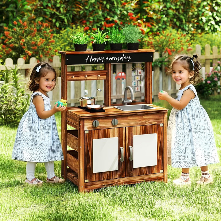 COSTWAY Matschküche Kinder Outdoor, Kinderküche Tannenholz mit 4 Kochtöpfen & Wasserhahn & Abnehmbar