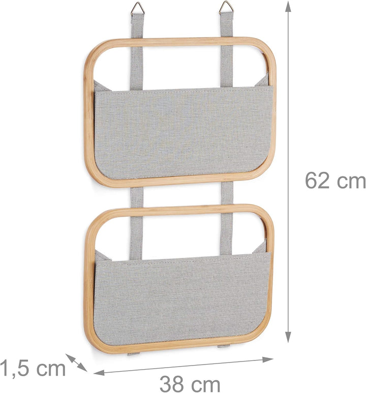 Relaxdays Hängeorganizer Bambus, Organizer mit 2 Aufbewahrungstaschen, für Tür & Wand, HBT: 60 x 40