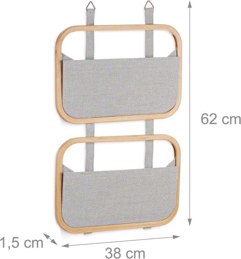 Relaxdays Hängeorganizer Bambus, Organizer mit 2 Aufbewahrungstaschen, für Tür & Wand, HBT: 60 x 40