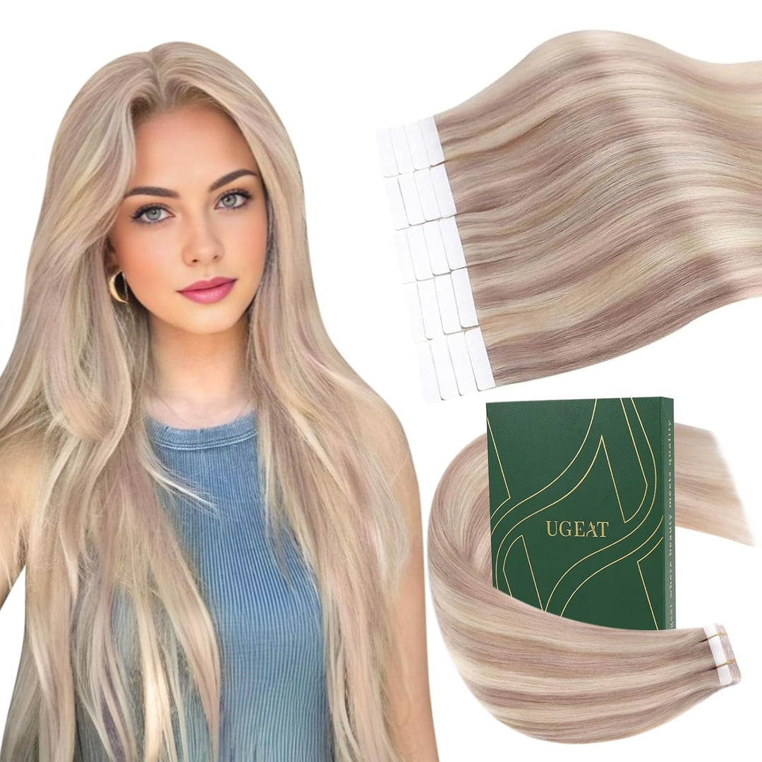 Ugeat Tape in Extensions Echthaar Blond Gesträhnt Haarverlängerung Echthaar Tape 20 Stücke P18/613 A