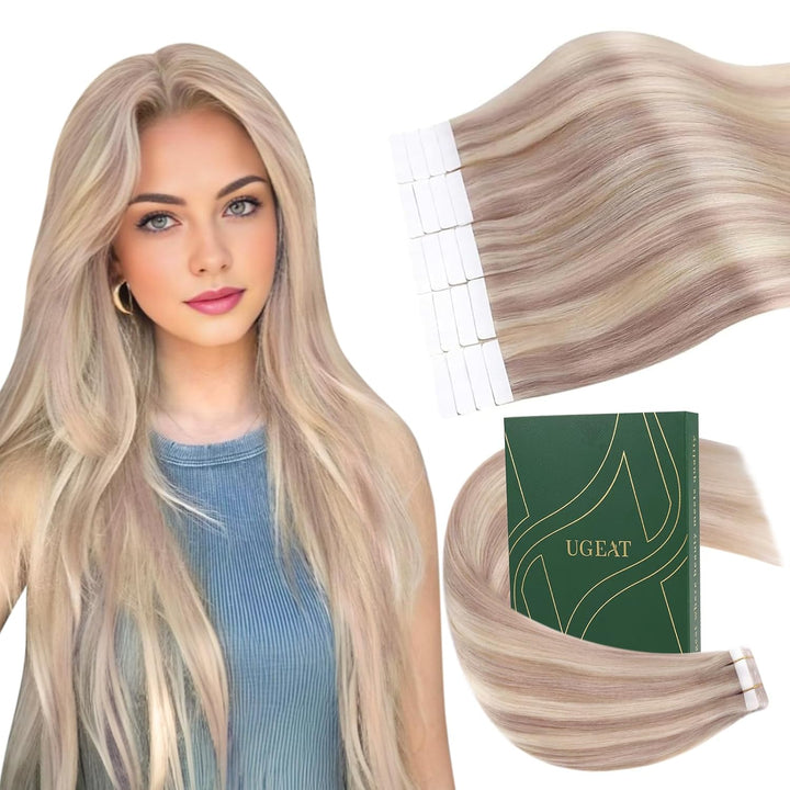 Ugeat Tape in Extensions Echthaar Blond Gesträhnt Haarverlängerung Echthaar Tape 20 Stücke P18/613 A
