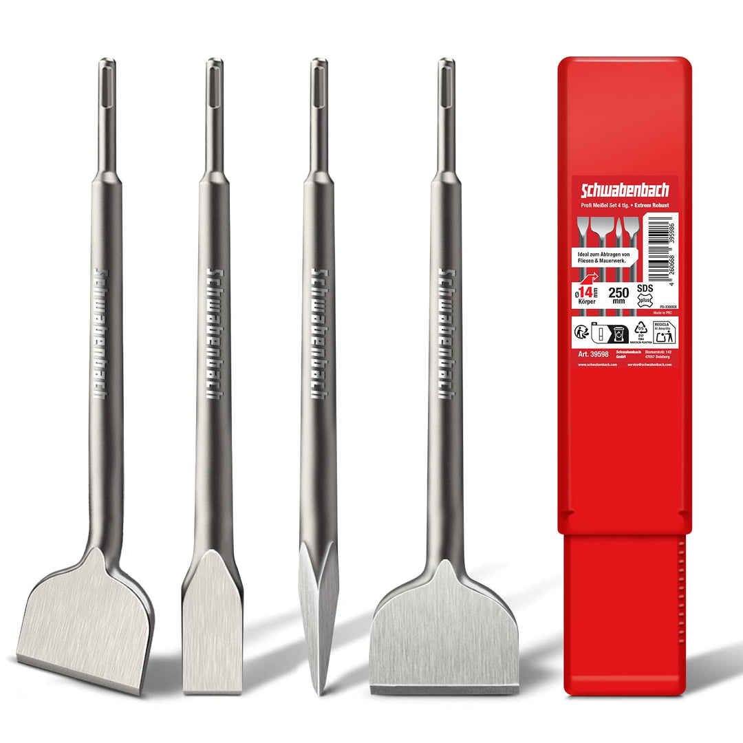 SCHWABENBACH® SDS Plus Meissel Set 4-tlg. 250 mm – Fliesenmeissel 50 mm, Flachmeissel 50 mm + 25 mm