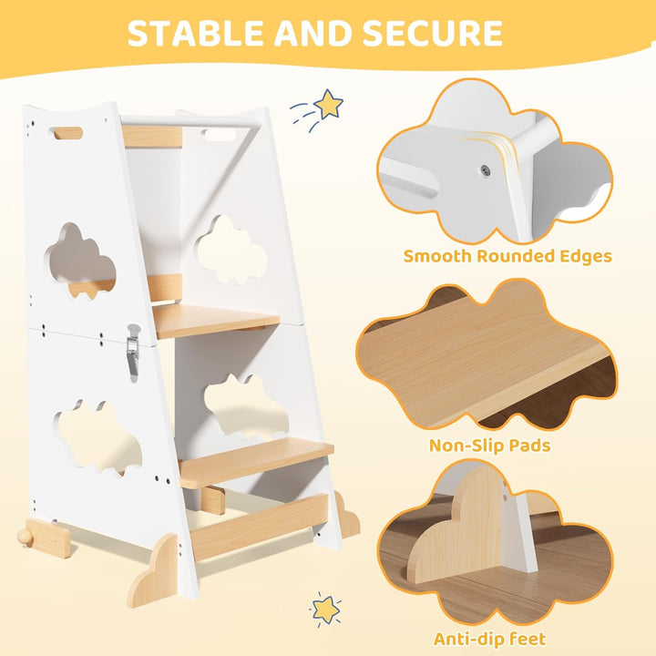KIDINIX Lernturm ab 1 Jahr, 3 in 1 Montessori Learning Tower mit Sicherheitsgeländer und Tafel, Klap