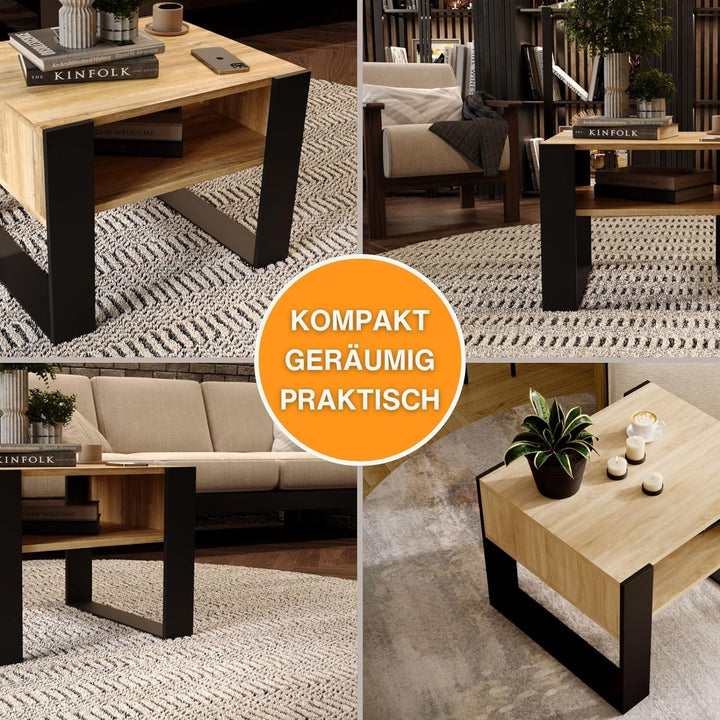 CraftPAK Wohnzimmer Tisch für Couch aus hochwertigem Holz, Stabiler & moderner Couchtisch mit zusätz