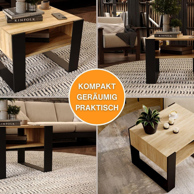 CraftPAK Wohnzimmer Tisch für Couch aus hochwertigem Holz, Stabiler & moderner Couchtisch mit zusätz