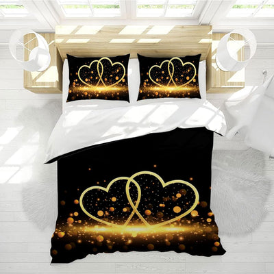 Freyamy 3D Herz Bettwäsche 220x240cm 3teilig Schwarz Gold Herzmotiv Liebe Luxus Bettwaren-Sets Mikro