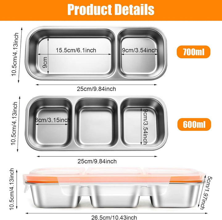 2 Stück Snackbox mit Fächern, Brotdose Kinder mit Fächern aus Edelstahl, Snackschale mit Deckel, Lec